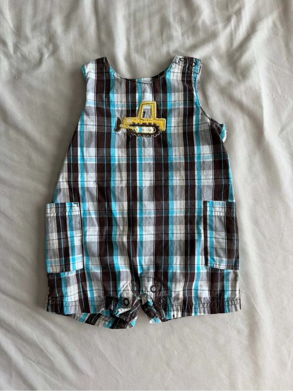 Carters Blue and Brown Plaid Construction Romper (0-3M)